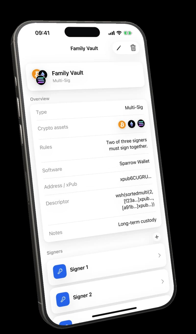 A Family Vault record showing multisig rules and signers
