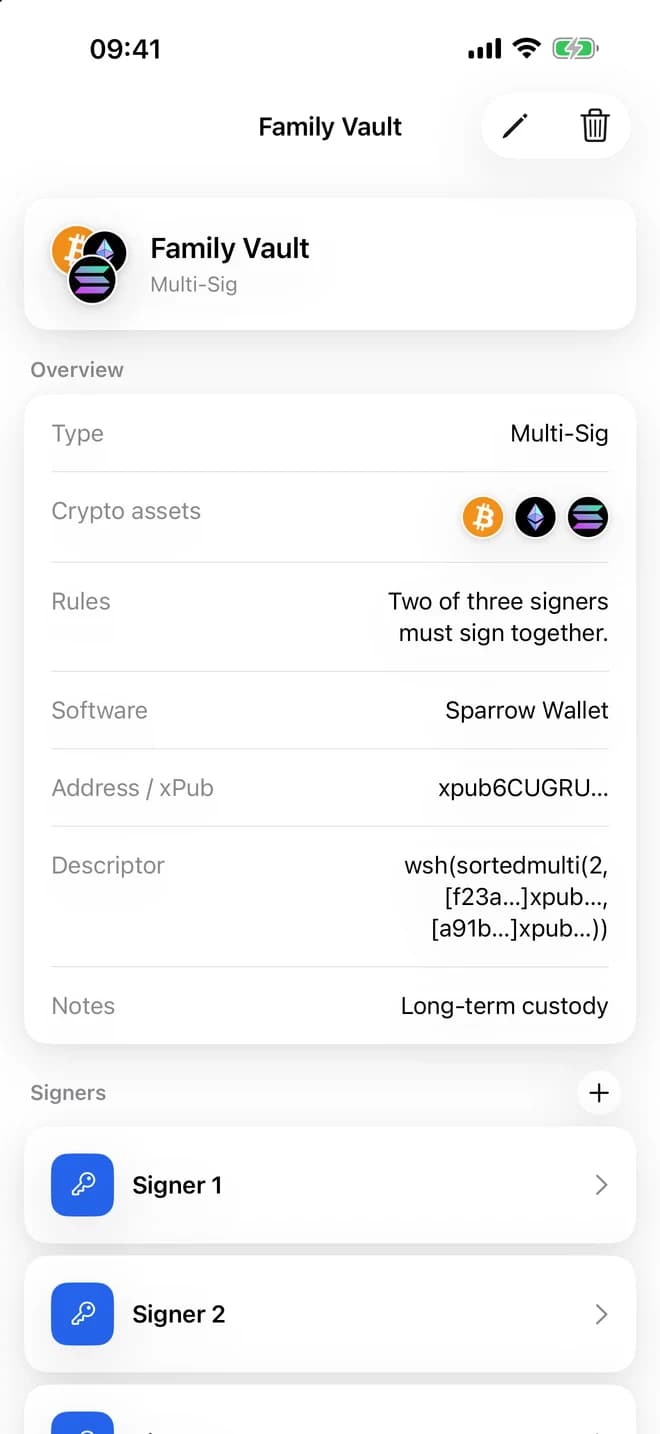 Family Vault in Better Custody, showing a two-of-three signing rule, wallet details, and signers