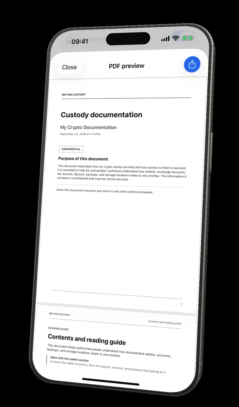Generated custody documentation shown in the Better Custody PDF preview